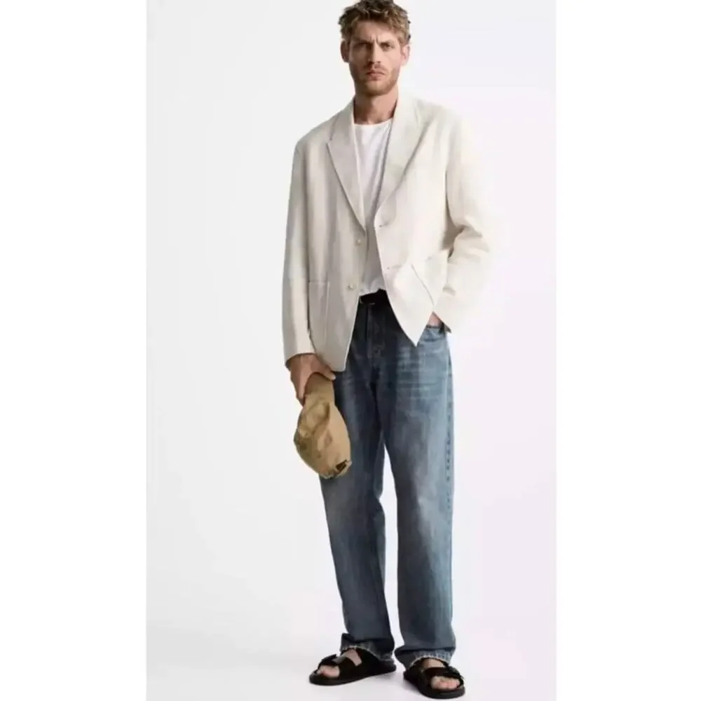 ZARA Linen Blend Sports Coat Blazer Jacket Ivory Cream Size Large